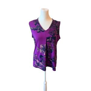 IMAN Floral Tank Top V-Neck Sleeveless Purple Casual‎ Blouse Size M